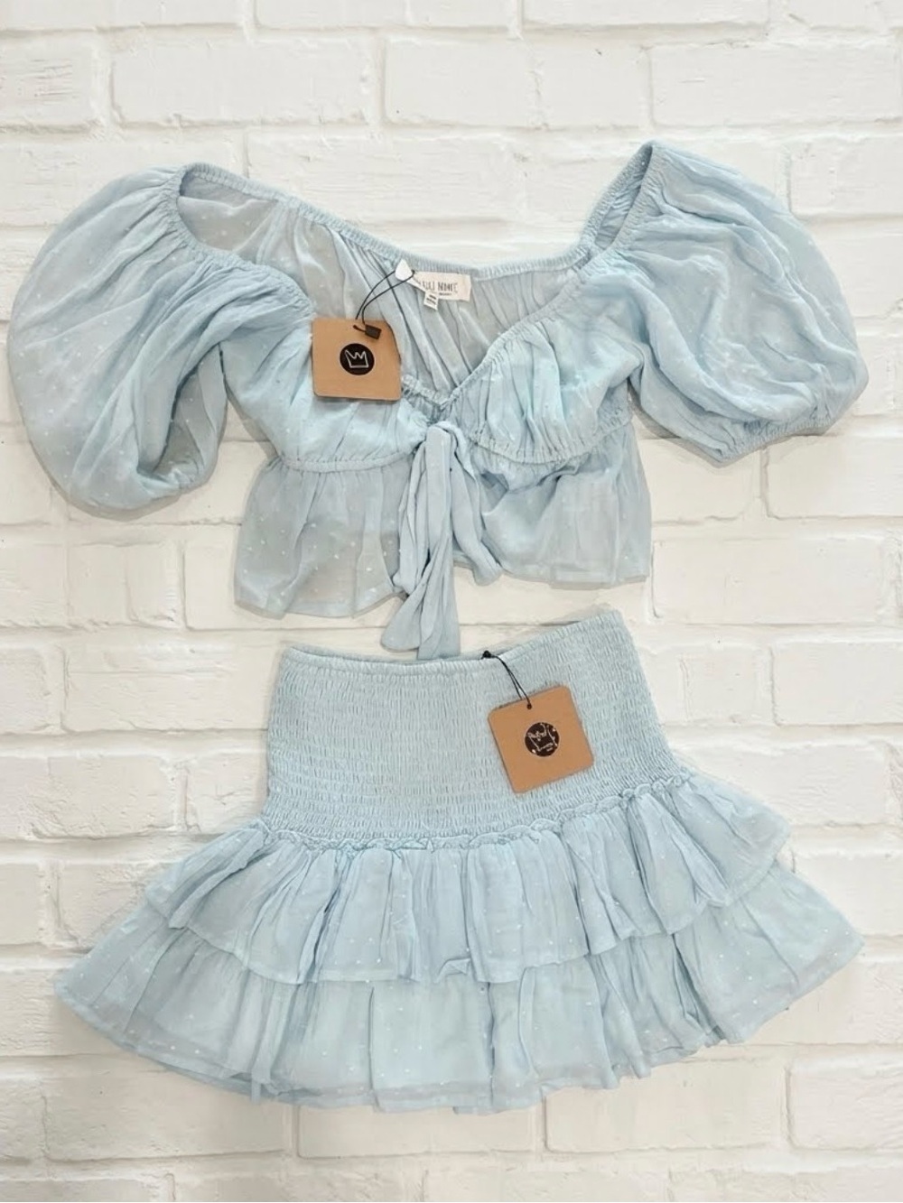 BNWT Isabelle’s Cabinet Light Blue Puff Sleeve Crop Top/Ruffle skirt set Medium